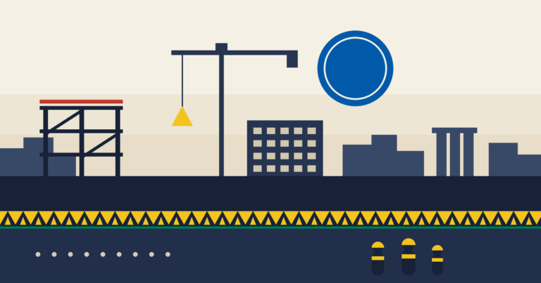 Illustration of a Singapore construction site at dawn with workers in hi-vis and safety-sign geometry